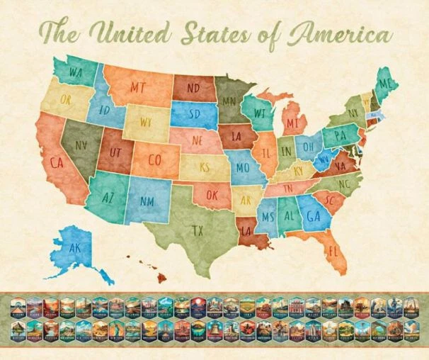 Panel de tela de algodón On The Road Again mapa de viajes parques nacionales de Estados Unidos 36x44" Foto 1 de 1