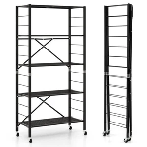 5 Tier Adjustable Storage Shelves Folding Organizer Garage Kitchen Rack Wheels - Picture 1 of 13