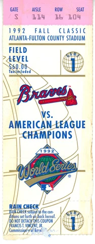 1992 World Series Game 1 Ticket Toronto Blue Jays vs Atlanta Braves 37595 Cover