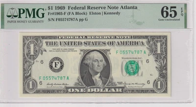 Fr 1903-F 1969 $1 FRN F05574787A PMG 65EPQ ATLANTA GEM CU GREEN SEAL - Image 1 of 2