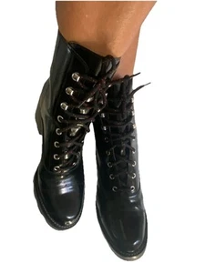 Marc Fisher Women’s 9.5 Lanie Combat Boots Black Leather Lace Up Platform Chunky - Picture 1 of 23