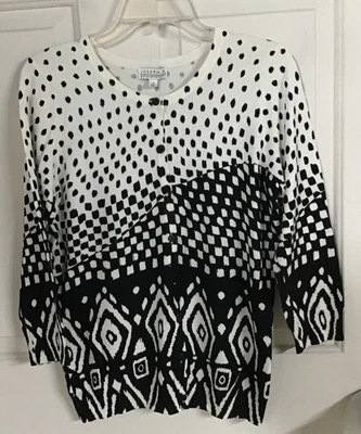 Joseph A Bank Womens Medium Vintage White Black Geometric Print Cardigan Sweater - Image 1 of 4