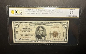 1929 $5 Type 1 National Currency Note, Camden New Jersey — PCGS VF25 Pop 1 🏆 - Picture 1 of 6