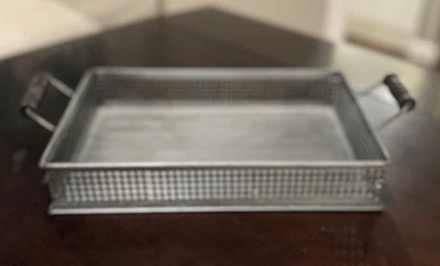 Vintage Rustic Wood Handled Industrial Farmhouse Serving Mesh Metal Pan Tray - Image 1 of 4