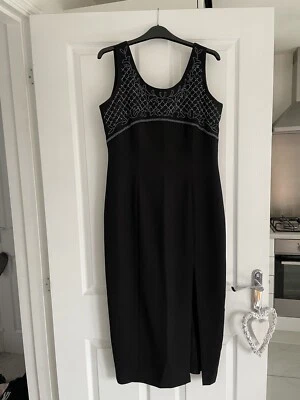 Официальное черное платье без рукавов миди с голубая бусина деталь размер 12 - Изображение 1 из 4