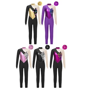 Girls Dancewear Patchwork Printed Set Figure Skating Outfits Mock Neck Bodysuit - Picture 1 of 66