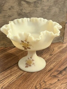 Vintage Fenton Yellow Custard Glass Hand Painted Roses Compote Signed L Everson - Picture 1 of 9
