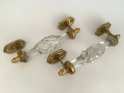 Vintage brass cobalt glass church art decor Victorian door handle pair Home Deco - Image 1 of 4