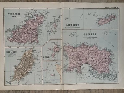 1886 Channel Islands & Isle Of Man Antique Hand Coloured Map by G.W. Bacon - Image 1 of 3
