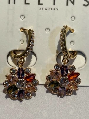 Coppia di orecchini color oro cerchio pendente fiore pietre multicolor 0018 - Immagine 1 di 3