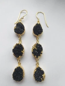 Druzy Agate Elongated Earring Black Gold Edge Earring Dangle Gemstone Jewelry - Picture 1 of 6