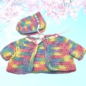 Multi Color Knitted Crochet Cardigan Hat Set 18" Dolls Similar to American Girl - Picture 1 of 13
