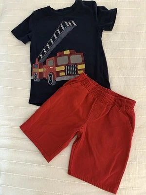 Little Boy Size 6 KIDS HEADQUARTERS Graphic Construction T-Shirt Shorts Set Red - Image 1 of 4