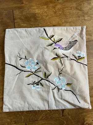 Loloi 18" X 18" Embroidered Spring Pillow Cover Case Zip Beige Bird Flowers - Image 1 of 4