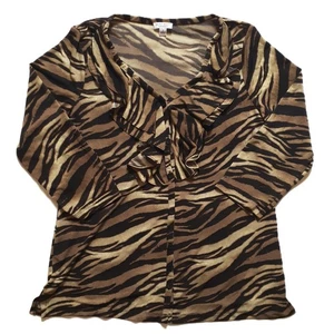 Top Blouse Button-Up Nine West S Women Tiger Animal Pattern Ruffled - Picture 1 of 8