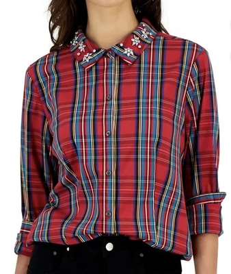 Blusa Camisa Charter Club Roja a Cuadros Manga Larga Estrás Fiesta de Vacaciones Talla 12 Foto 1 de 4