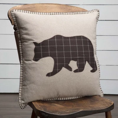 Rustic 18"x18" Bear Pillow Tan Appliqued Wyatt Chambray Bedroom Decor VHC Brands - Image 1 of 4