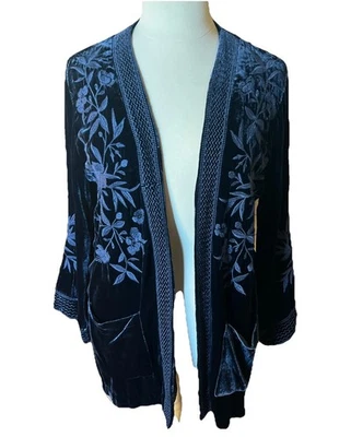 Chaqueta para fumar Johnny Was Adele terciopelo seda bordada XL azul oscuro bolsillo Foto 1 de 4