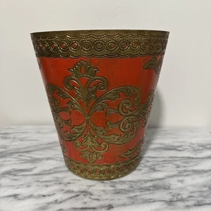 VTG ITALIAN FLORENTINE 10.5" GOLD GILT TOLE WASTE BASKET TRASH CAN RED/ ORANGE - Picture 1 of 9