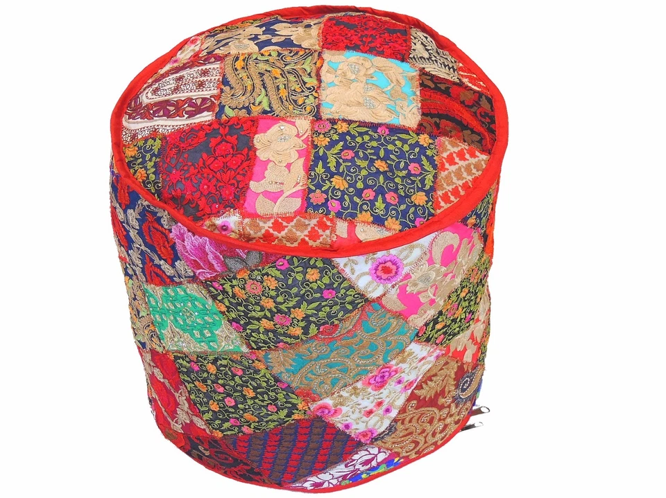 Bohemian Round Pouf Footstool Cover Embroidered Floor Seat Ottoman Slipcover 18" - Image 1 of 4