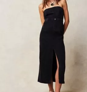 NEW FREE PEOPLE Strapless Black Denim Front Slit Pockets MIDI DRESS Size 6 - Picture 1 of 15