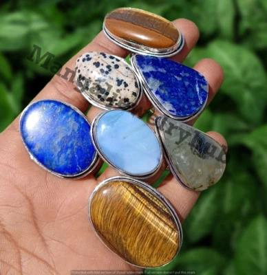 Lote de 5 anéis folheados a prata 925 para comprar sodalita e mistura de pedras preciosas joias por atacado - Imagem 1 de 4