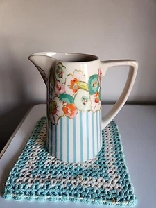 Stunning Little Studio Pottery Pitcher Stripes Flowers COUNTRY FARMHOUSE MINT - Picture 1 of 5