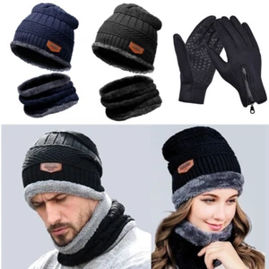 3Pcs Set Winter Warm Knit Beanie Hat Cap Scarf Touch Screen Ski Gloves Men Women - Picture 1 of 24