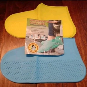2 Silicone Rain Shoe covers Non-slip Waterproof Sz Large 9-12 Blue/Yellow New - Picture 1 of 2