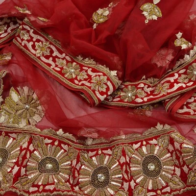 Vintage Heavy Red Dupatta Net Mesh Long Stole Hand Embroidered Scarves Zardozi - Image 1 of 4