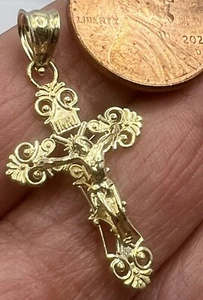 GOLd Cross Jesus christ inri pendant 10k crucifix filigree solid gift 1.25" smal - Picture 1 of 13