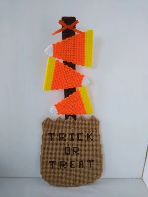 Plastic Canvas Needlepoint Trick or Treat Bag Candy Corn Halloween Decoration    - Image 1 of 4