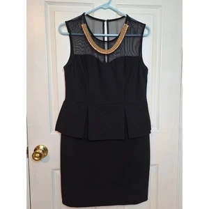 Bisou Bisou Black Peplum Sheath Mini Dress Gold Chain Necklace Cocktail Size 14 - Picture 1 of 11