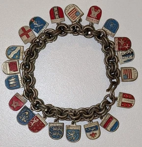 Vintage Silver-Tone & Enamel World Travel Shield 20 Charms Bracelet 8-in - Picture 1 of 18