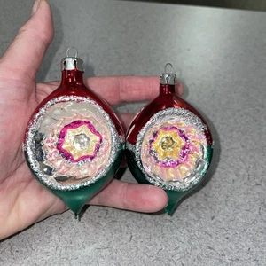 2 Vintage Quecksilber Glas Einzug mundgeblasen Ornament rot grün Träne 3" - Bild 1 von 3