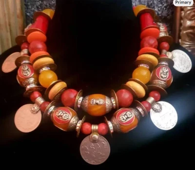 Tibetan Kuchi Coin Tribal Necklace - Bold Orange Ethnic Beaded Statement Choker - Image 1 of 4