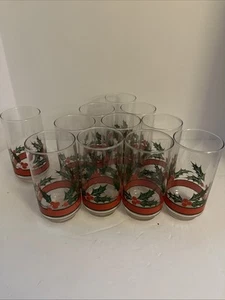 11 Vintage Libbey Weihnachten Stechpalme & Beeren und Band 16 Unzen Glasbecher - Bild 1 von 6