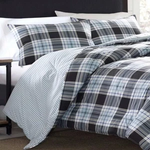 Eddie Bauer  Lewis  Plaid Blue & Black Full/Queen Cotton Comforter SET 3pc - Picture 1 of 2
