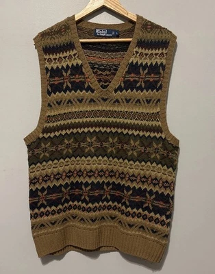 Vintage 90s Polo Ralph Lauren Linen Cotton Silk Tan Checkered Sweater Vest - L - Image 1 of 4