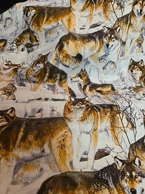 Animal Fabric 22 X 44" Wolf Wolves Snow Wilderness Nature Winter Cotton Pup  - Image 1 of 4