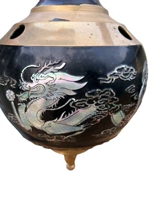 Vintage Pair Asian Brass/Bronze Incense Censer Mother Of Pearl Dragon Zodiac - Picture 1 of 19