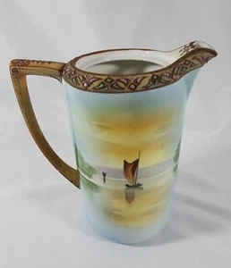 Antique Nippon Hand  Painted Pitcher, Fishing Boats No Lid - Picture 1 of 11
