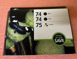 NEW Genuine HP 74 74 75 (2 Blk, 1 Tri-Color Cartridge & HP Photo Paper pack - Picture 1 of 7