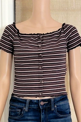 Eye Candy Multicolor Striped Lettuce Trim Crop Tee Size M - Image 1 of 4