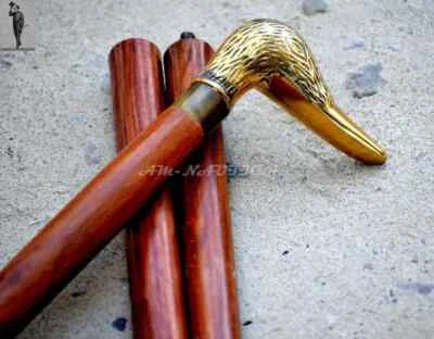 Presentes antigos de bengala de madeira com cabo de latão cabeça de pato - Imagem 1 de 3