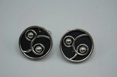 Gemelli Vintage Rotondi In Argento Con Smalto Nero 1.5cm - Immagine 1 di 4