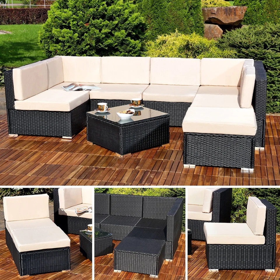 Mucola 50001731 Polyrattan Lounge-Set - Schwarz/Creme