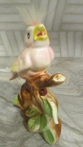 5" Vintage  Porcelain Sonsco Japan Pink Bird Figurine Tchotch ke on Branch w Fur - Picture 1 of 4