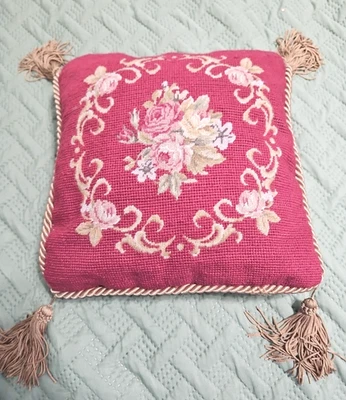 Vintage Rose Bouquet Wool Needlepoint Pillow, Gold Tassel Trim,  12″ Square - Image 1 of 4