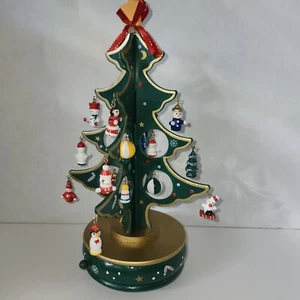 Miniature Christmas Tree Music Box Hand-Painted Wood Holiday Tabletop Decor - Picture 1 of 6